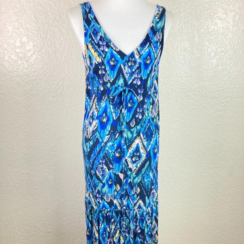 Lovestitch Black & Blue Ikat Boho Sleeveless Bottom Slit Maxi Dress Size M